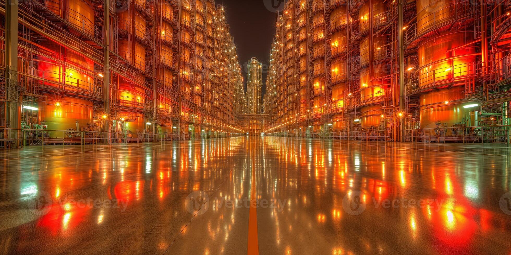 AI generated Illuminated industrial facility at night with reflections on wet surface photo