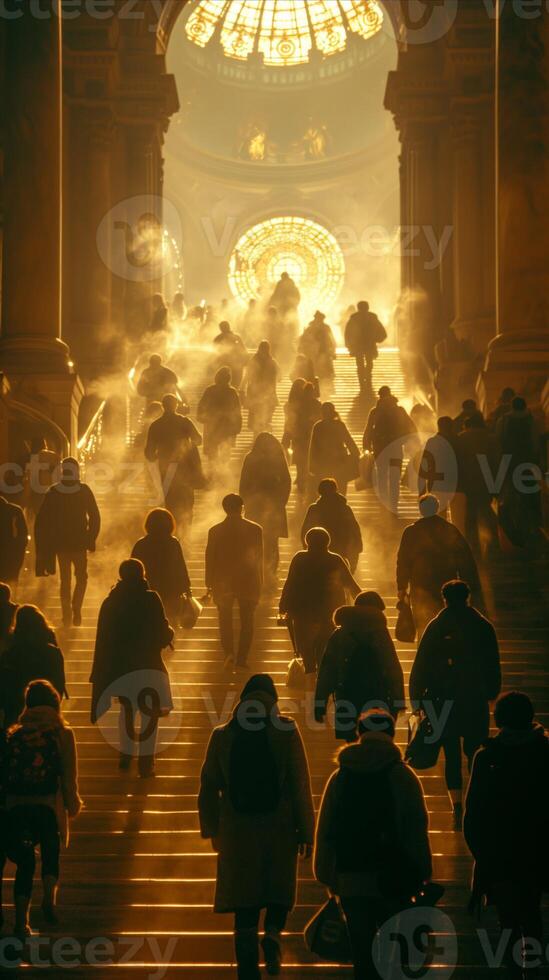 AI generated Backlit silhouettes of people walking up grand staircase in a historic building photo