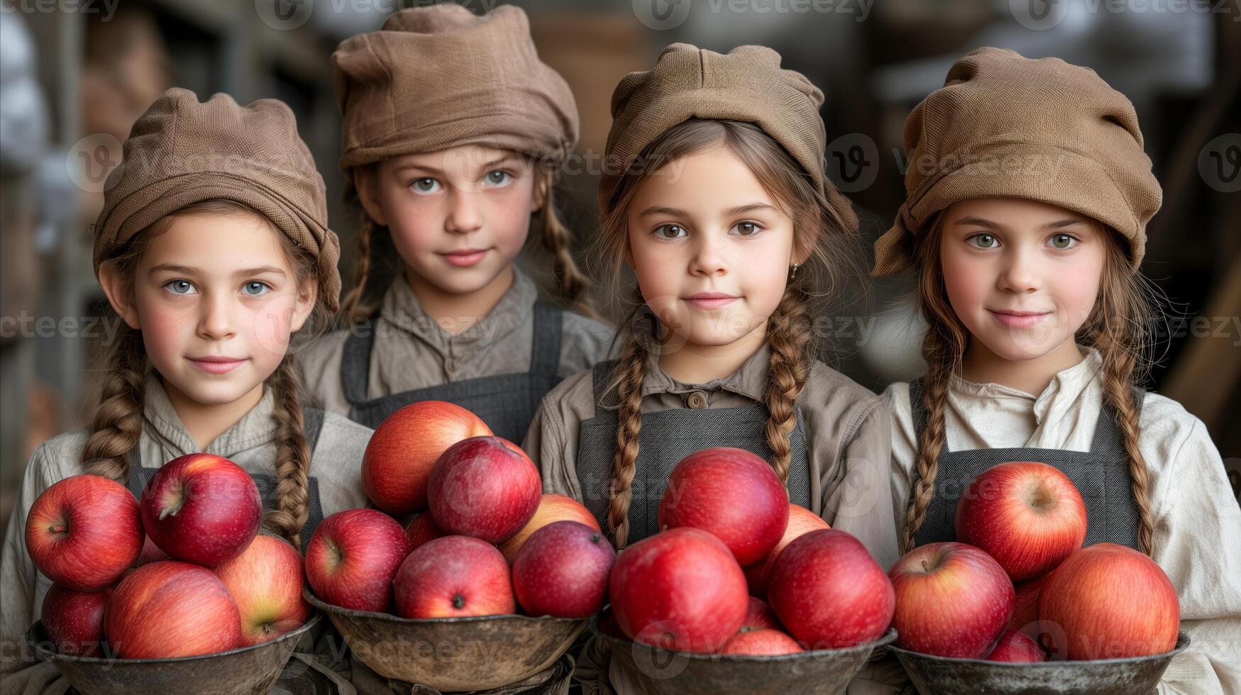 AI generated Vintage dressed children with fresh apples in rustic setting photo