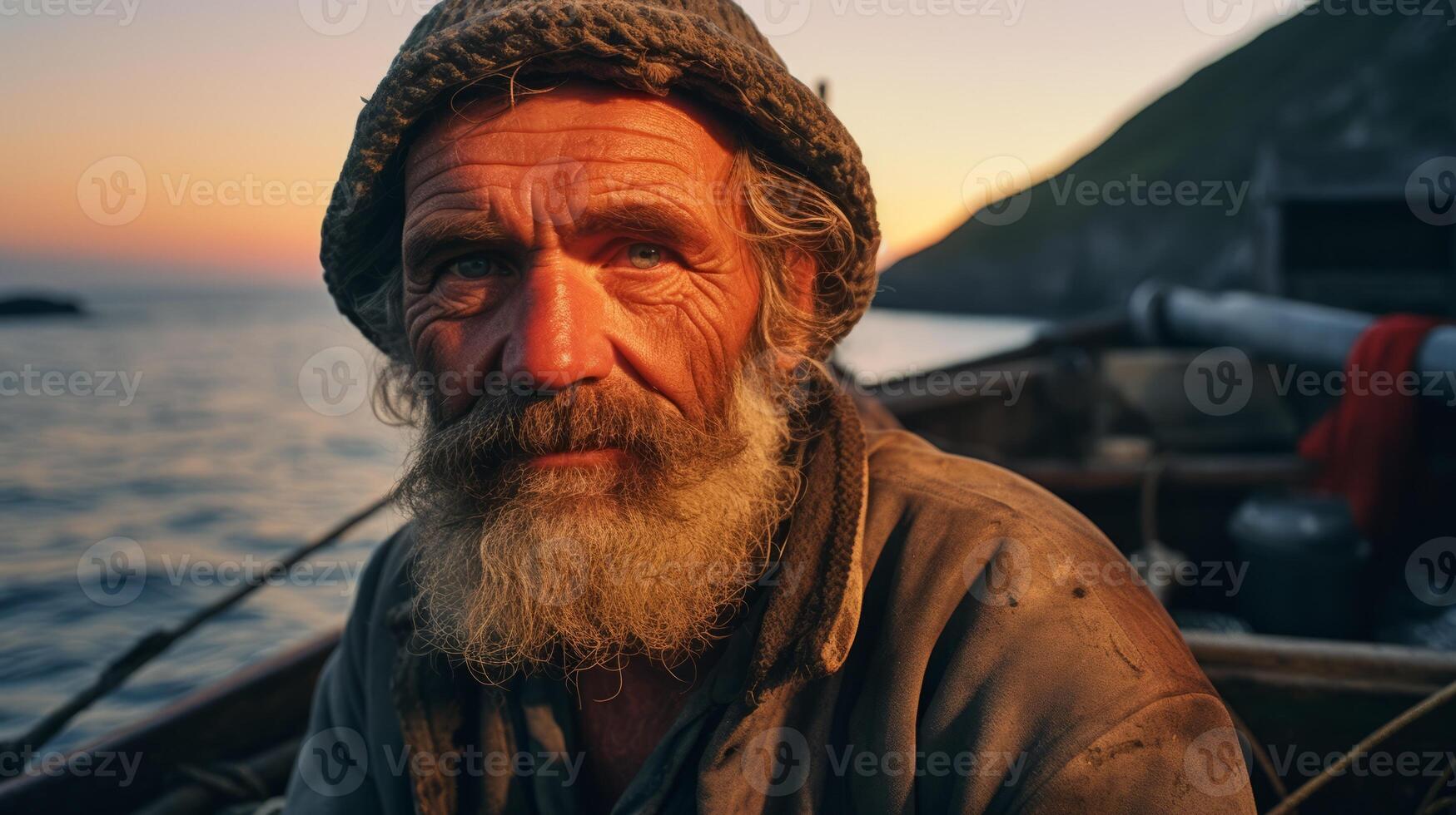 AI generated Man With Beard and Hat on Boat photo