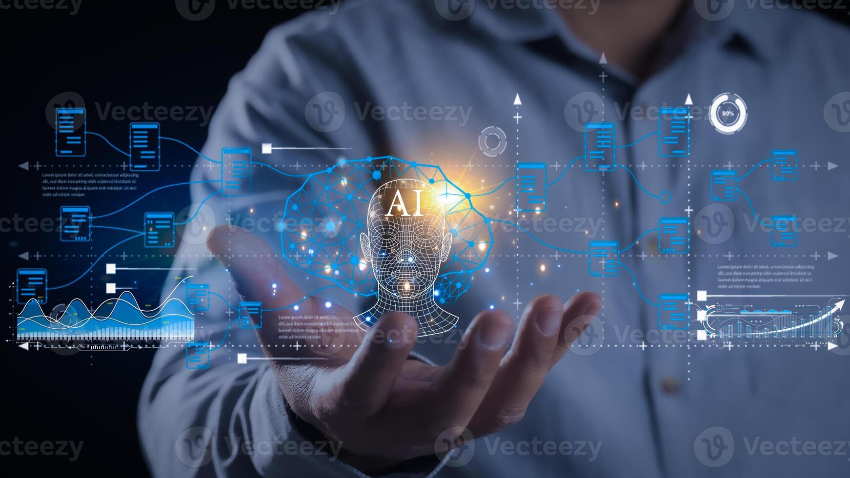 Human hand show virtual graphic Global Internet connect with AI technology AI photo