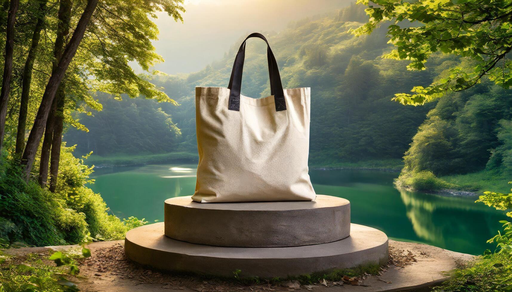 AI generated Generated image of plain tote bag on the podium with a fresh natural view. Suitable for bag mockups photo