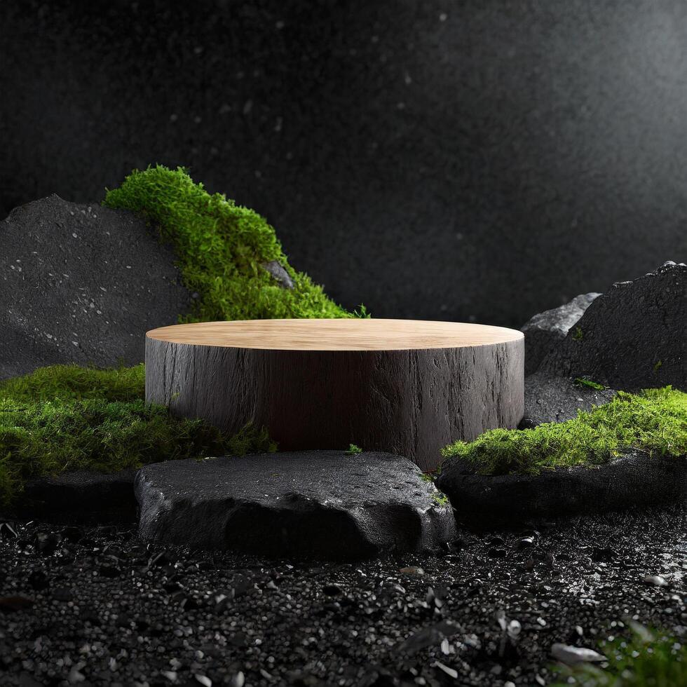 AI generated Generated image of wooden podium with rocks and moss. Suitable for displaying cosmetic products and natural products photo