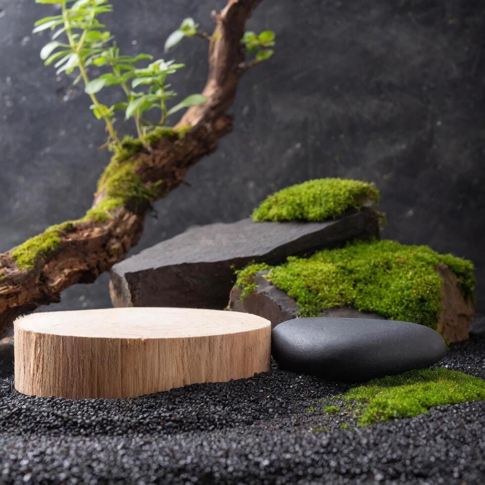 AI generated Generated image of wooden podium with rocks and moss. Suitable for displaying cosmetic products and natural products photo