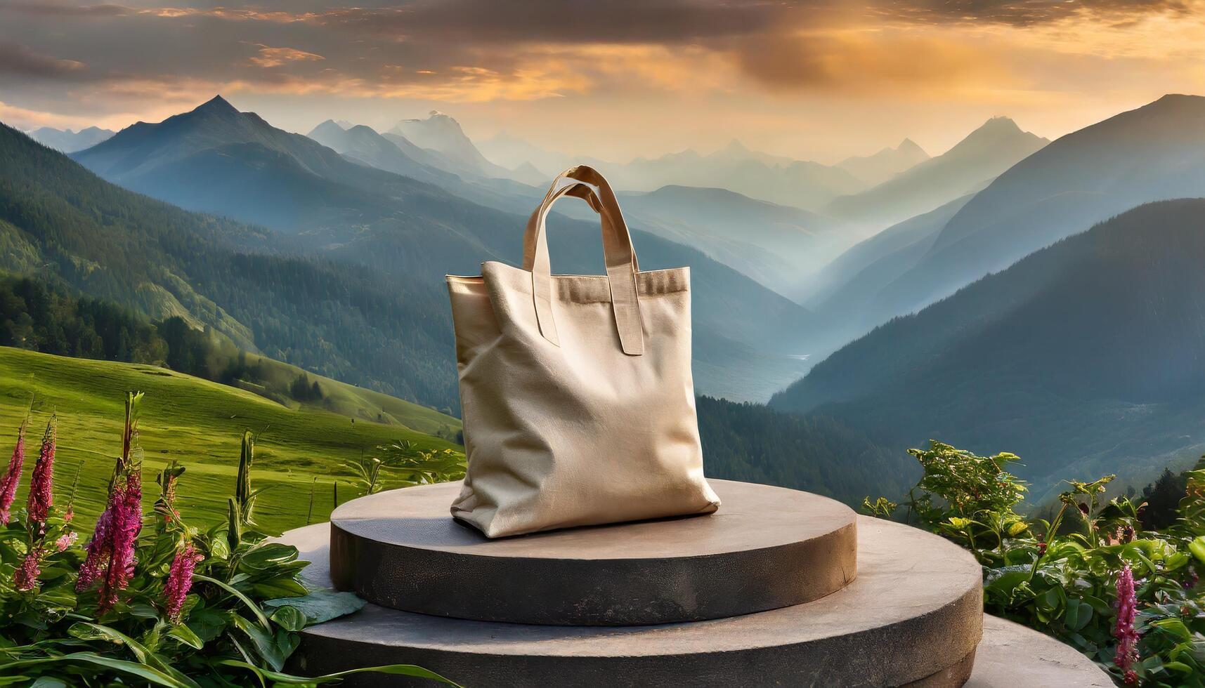 AI generated Generated image of plain tote bag on the podium with a fresh natural view. Suitable for bag mockups photo