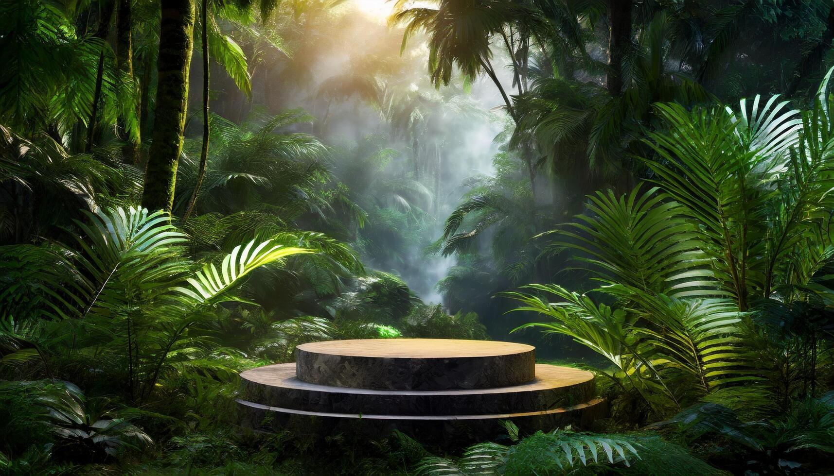 AI generated Generated image of an empty podium in the middle of a forest setting. Suitable for displaying products made from natural materials and natural nuances photo