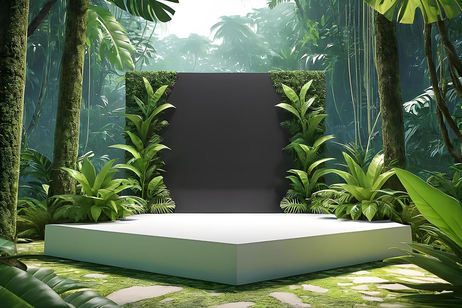 AI generated 3D podium in the jungle photo