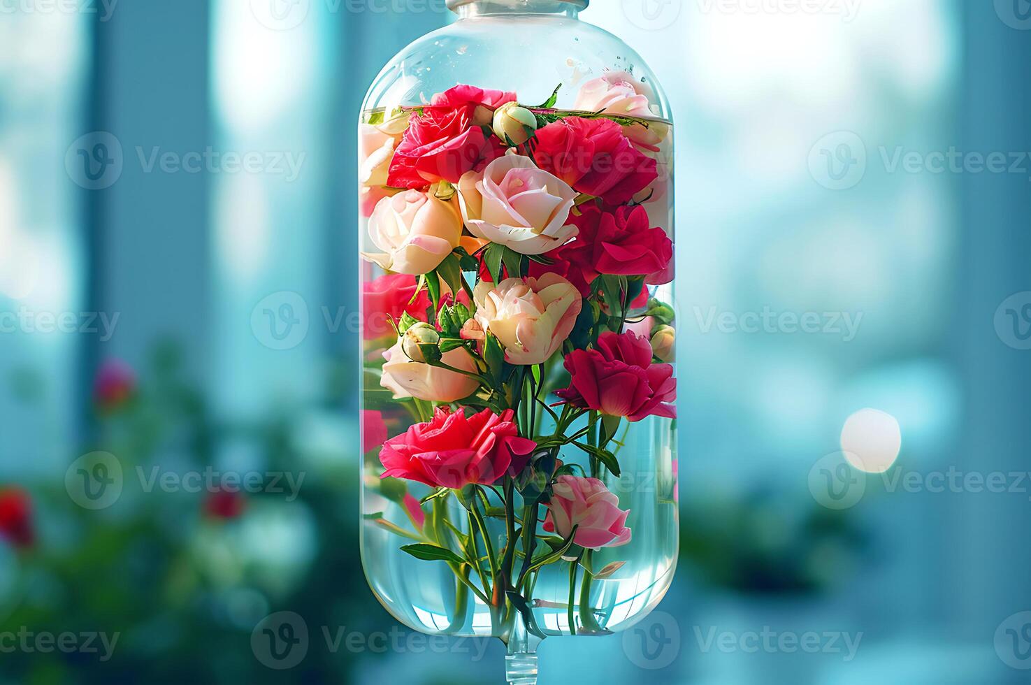 AI generated Roses in Intravenous Drip Bag Concept photo
