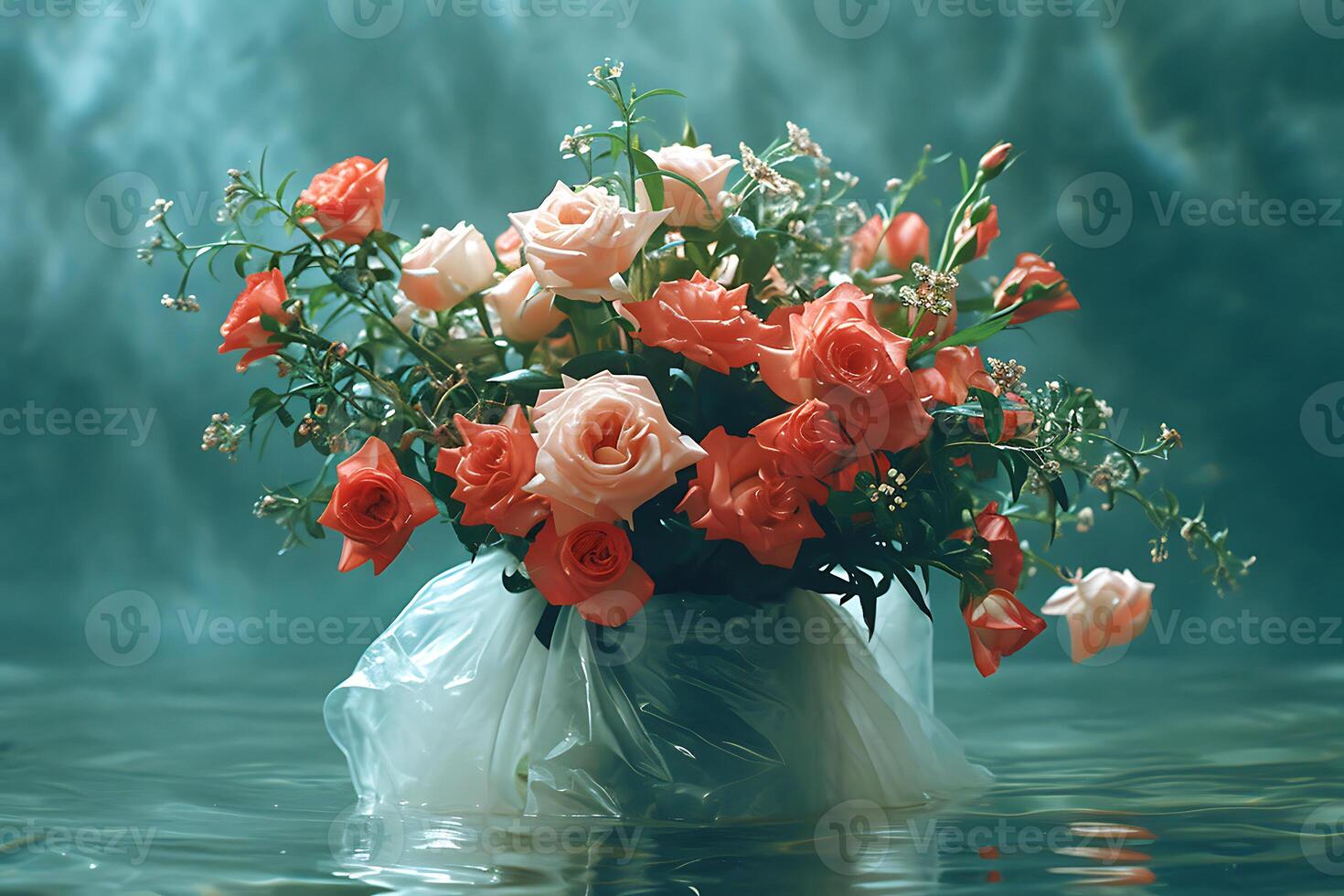 AI generated Floating Bouquet of Roses in Water photo