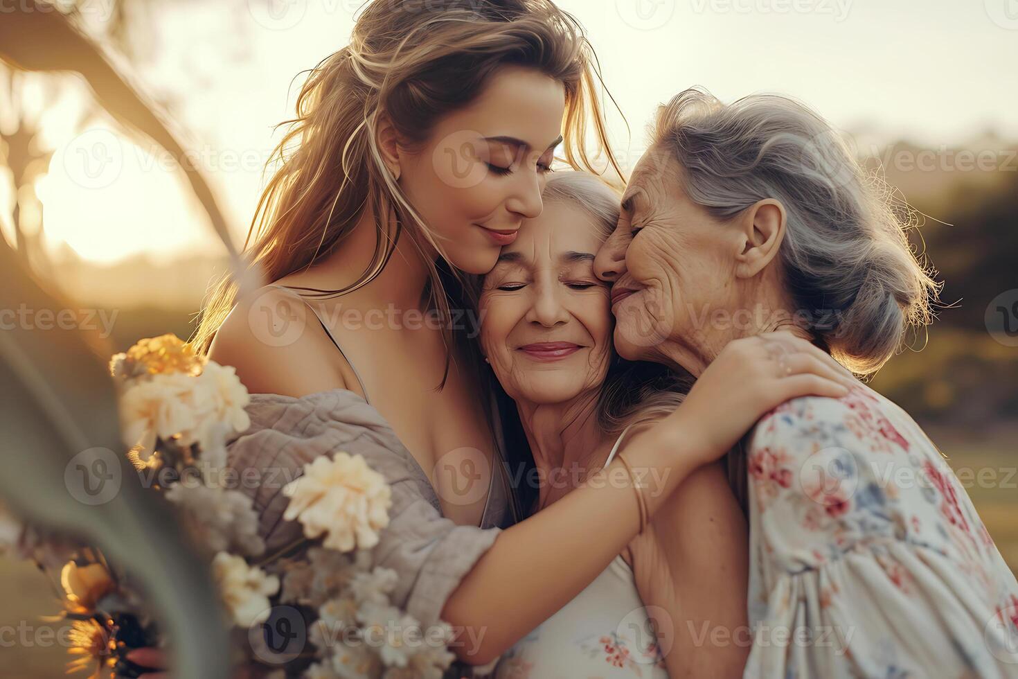 ai generado Tres generaciones mujer familia abrazo foto