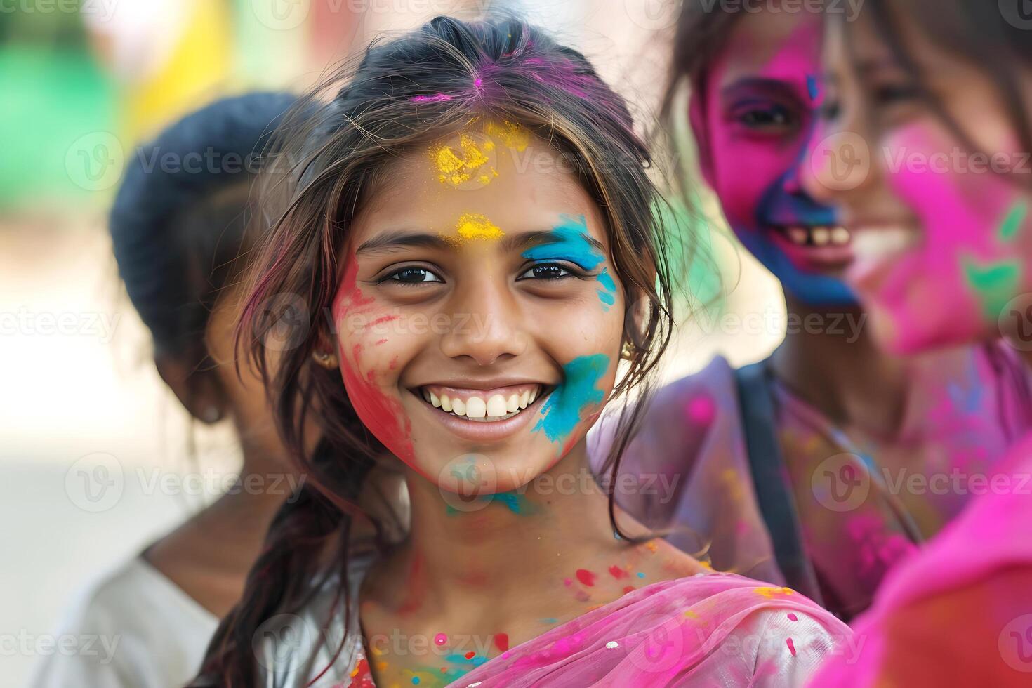 ai generado alegre niña celebrando holi con vistoso polvo en cara foto