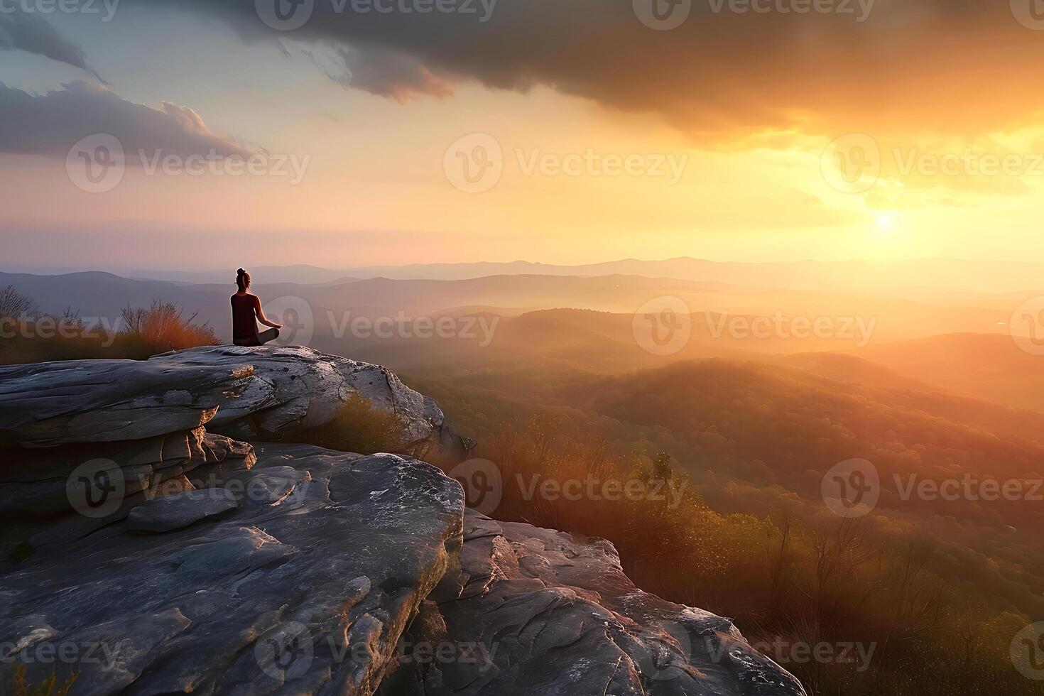 AI generated A woman sits in the lotus position and enjoys the view of the mountains from above photo