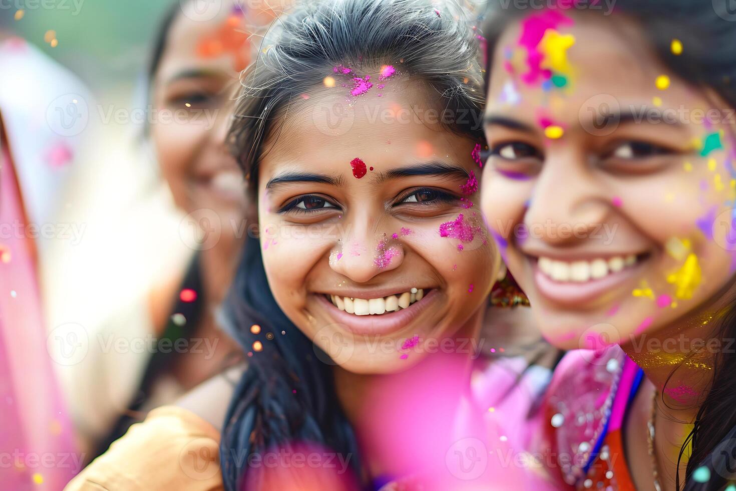 alegre sonrisas durante holi celebraciones foto