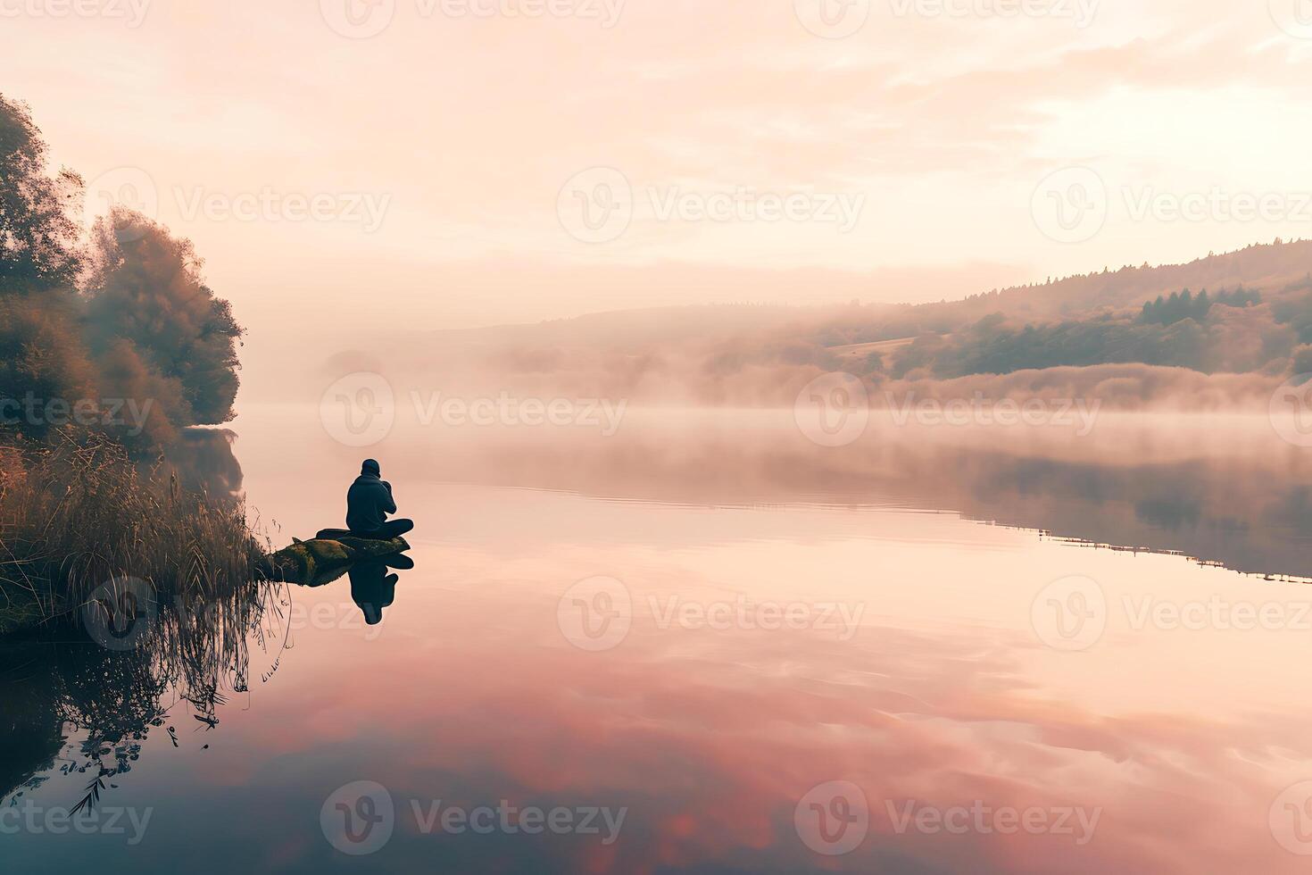 AI generated Figure of a man sitting on a rock at sunset photo