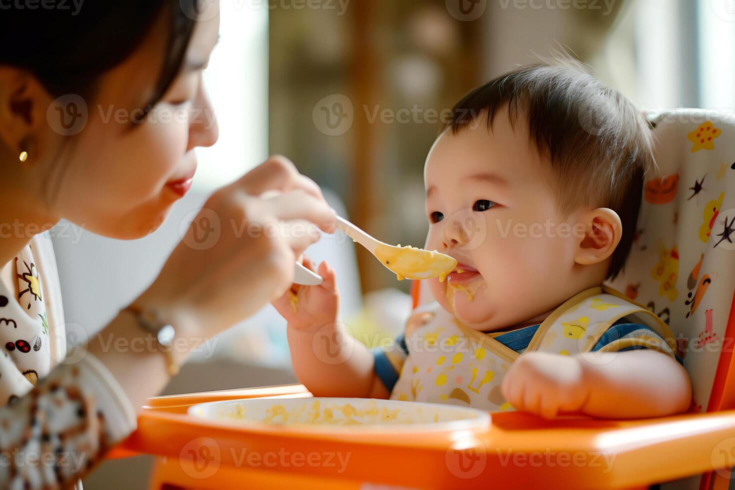 AI generated Young Asian Mother Feeding Her Baby Boy photo