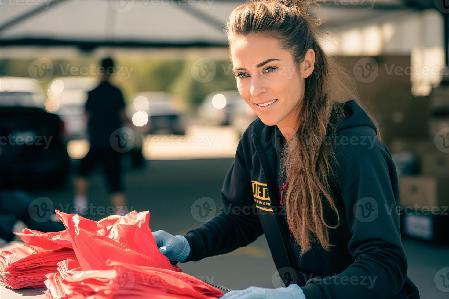 ai generado Proporcionar social asistencia. mujer voluntario entregando esencial bienes y emocional apoyo foto