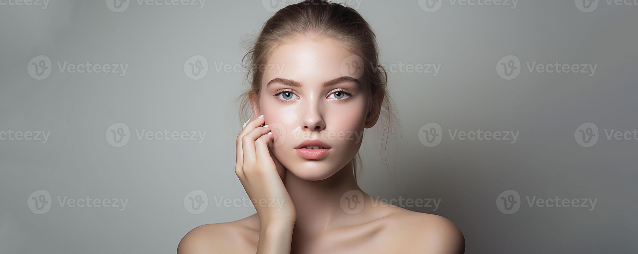 AI generated Beautiful Woman with Radiant, Fresh and Healthy Skin, Serene Expression and Gentle Hand on Face. Beauty and Healthy Banner Concept photo