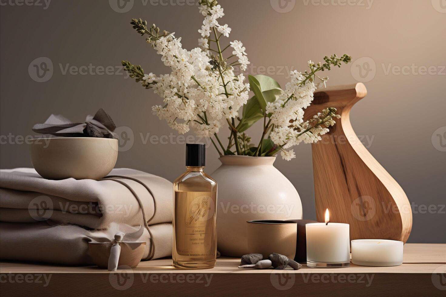 AI generated Soothing Spa Haven. Tranquil Scene with Relaxation Accessories, Candles, Oils and Bath Salts photo