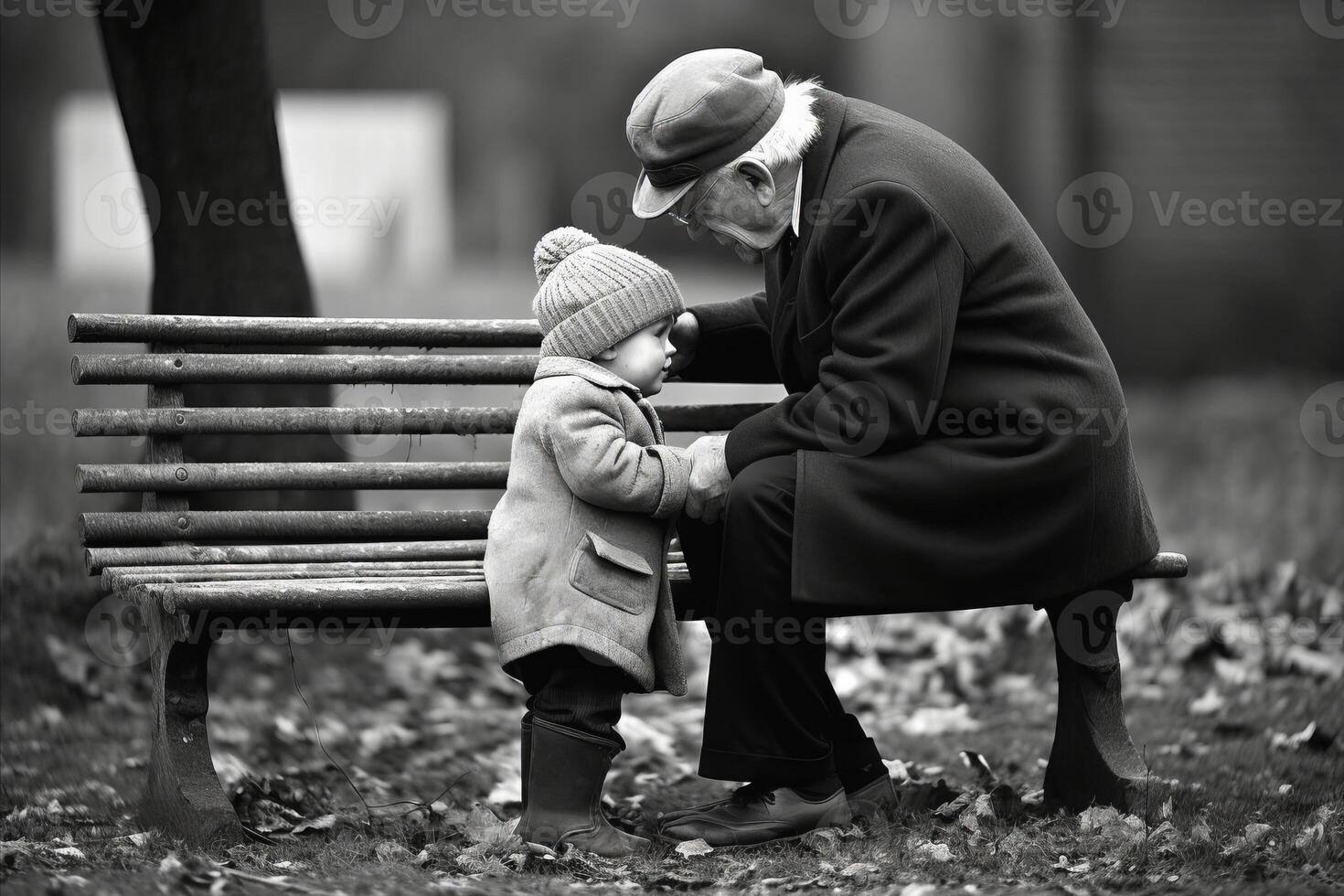 ai generado reconfortante momento. empatía y apoyo con calentar abrazos en un desafiante situación. retrato de pequeño chico y antiguo hombre foto
