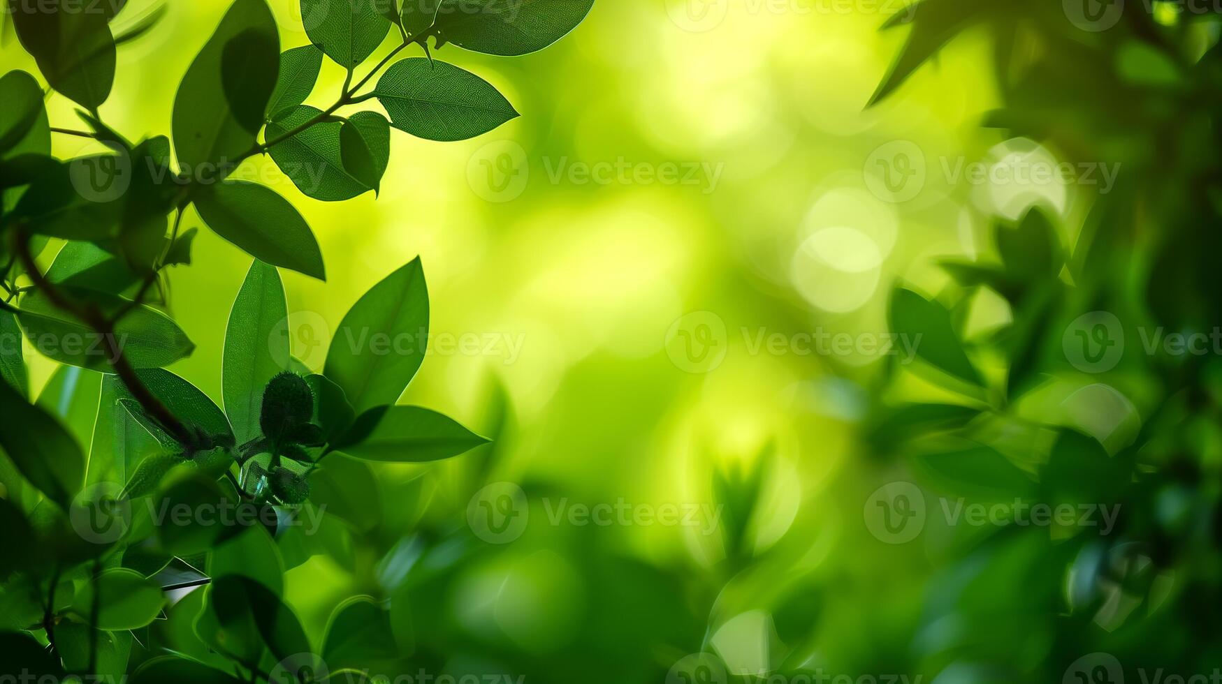 ai generado iluminado por el sol primavera hojas con bokeh resplandor foto