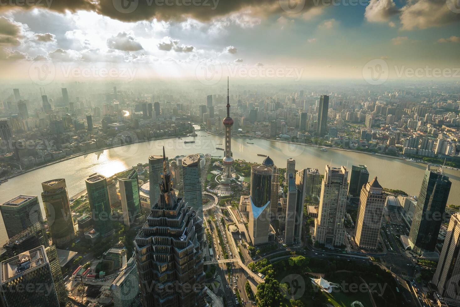 skyline of lujiazui district of shanghai city in china at dusk photo