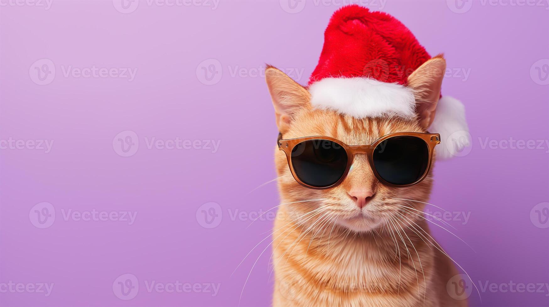 AI generated Ginger cat wearing the Christmas hat and sunglasses on the purple background, Christmas holiday party concept, photo