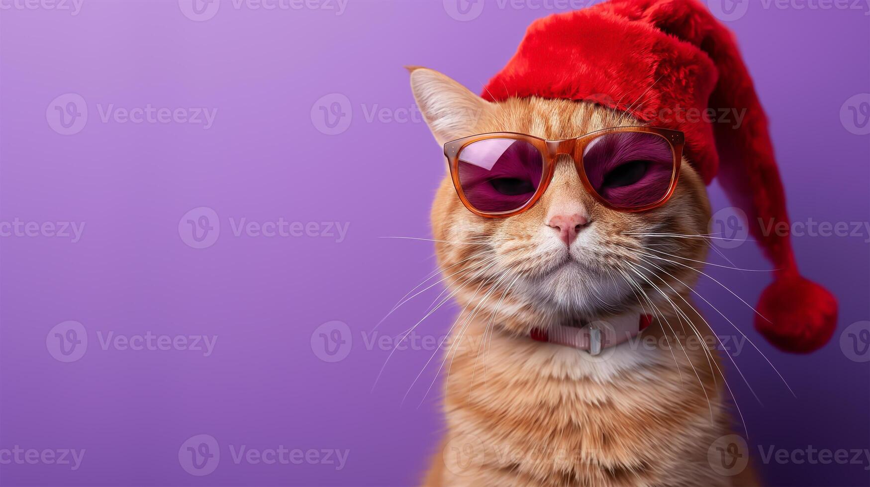 AI generated Ginger cat wearing the Christmas hat and sunglasses on the purple background, Christmas holiday party concept, photo