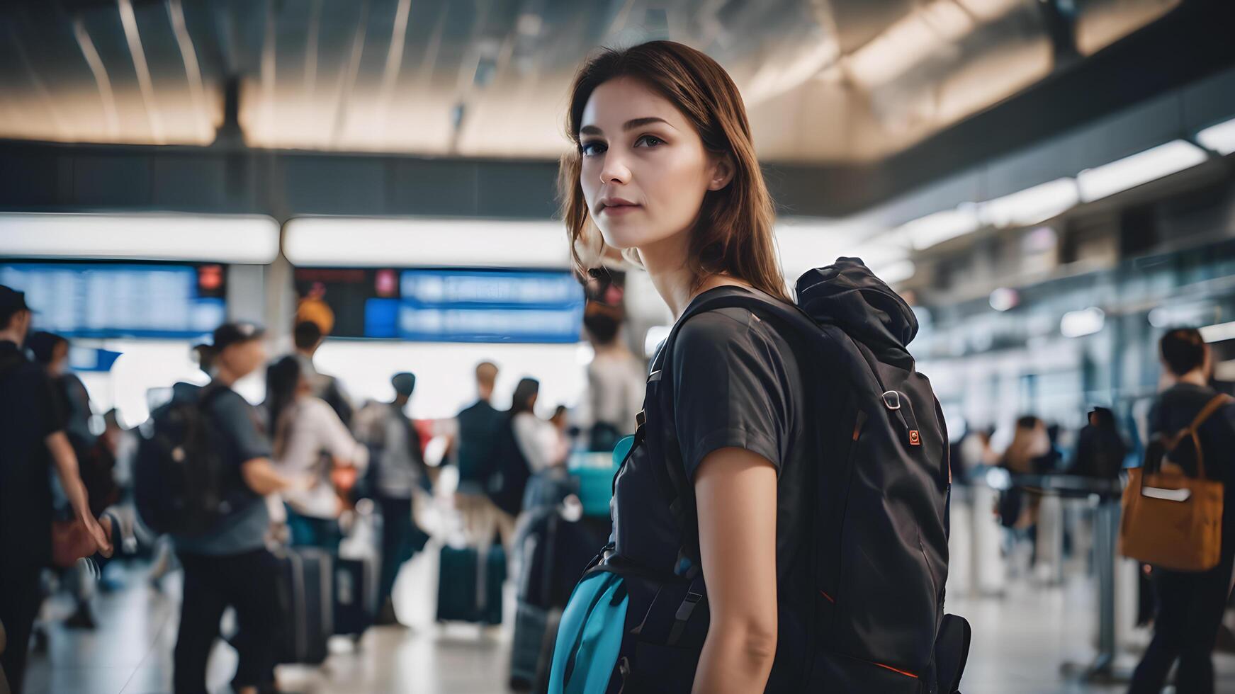 AI generated People carrying luggage and backpacks checking bags in airports photo