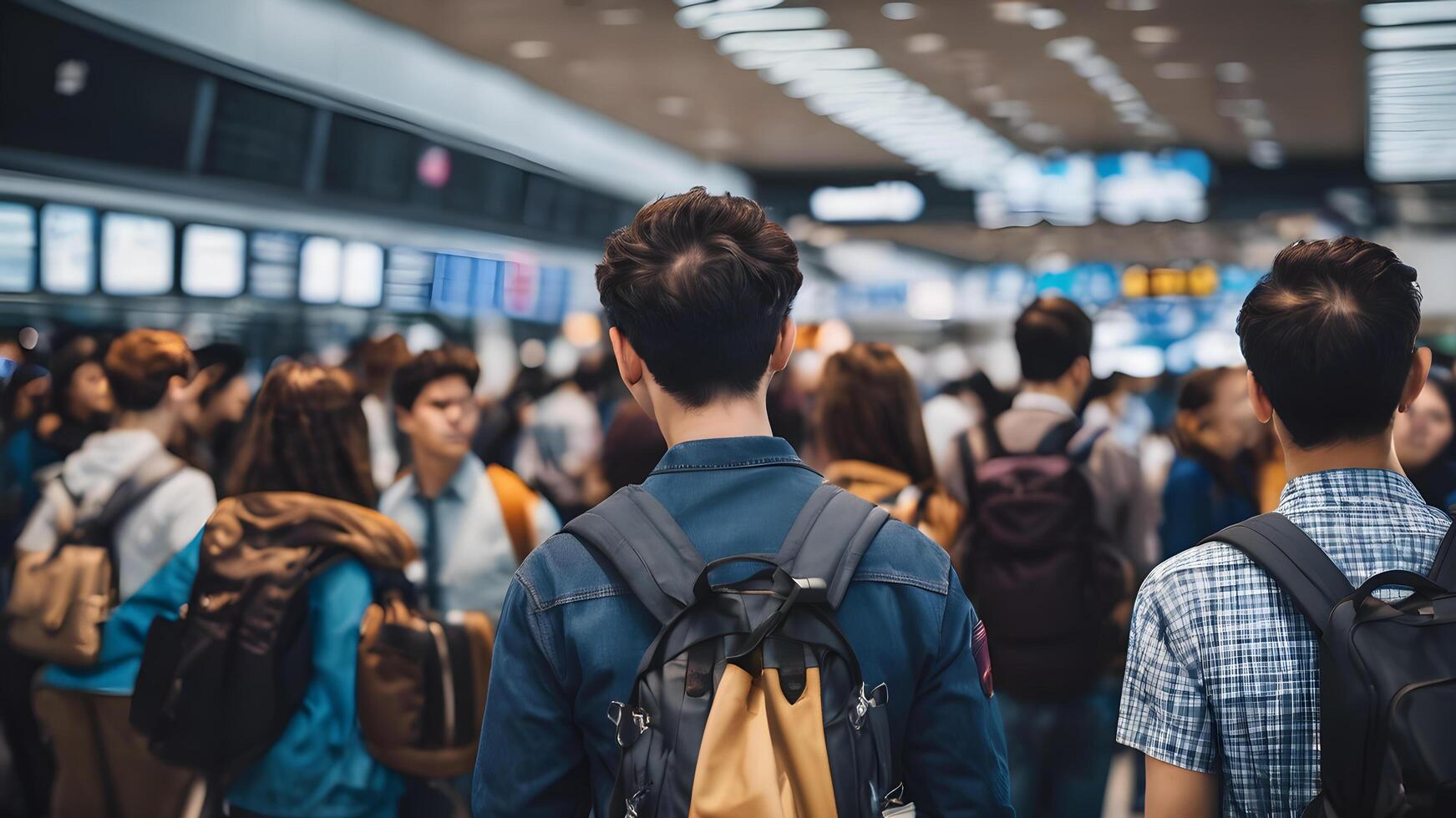 AI generated People carrying luggage and backpacks checking bags in airports photo