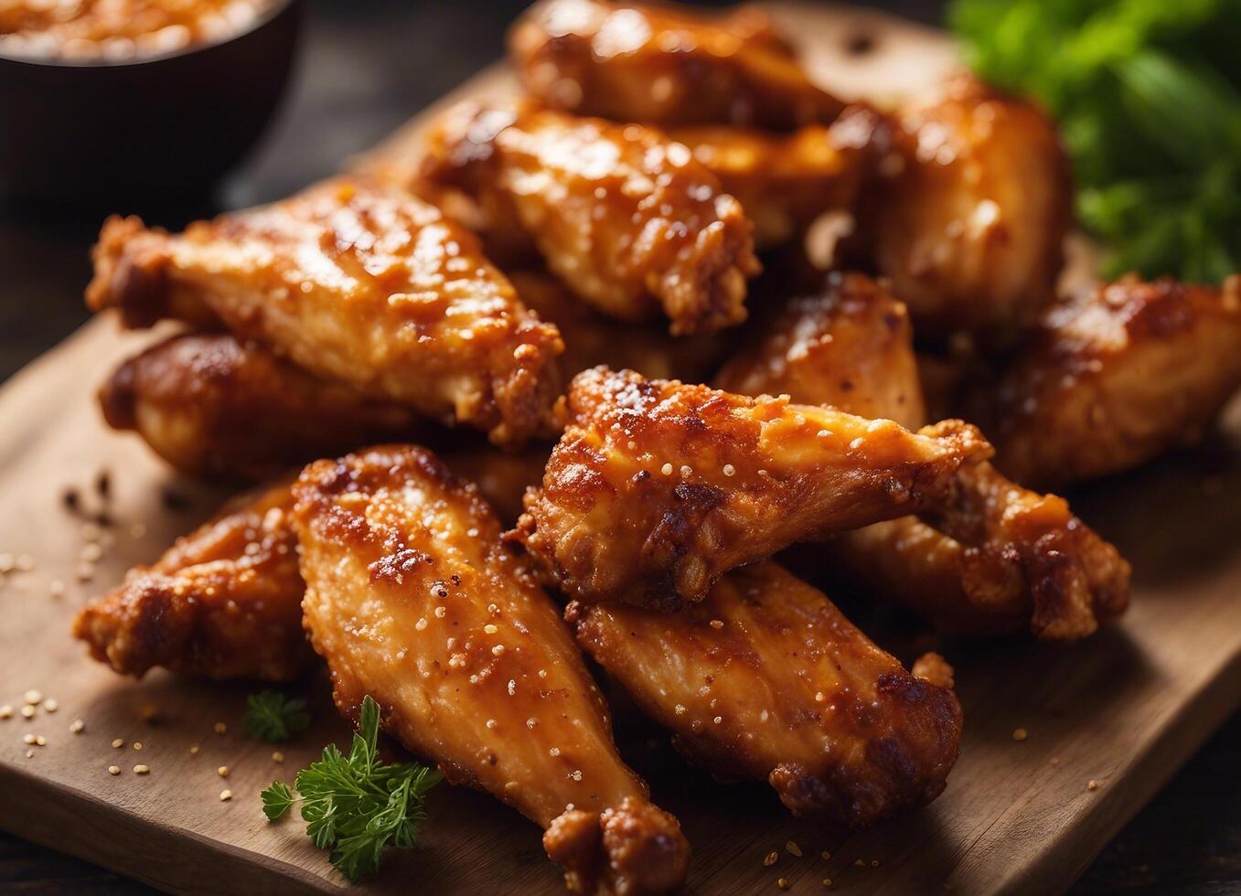 AI generated Spicy chicken wings with spicy sauce on wooden board, closeup photo