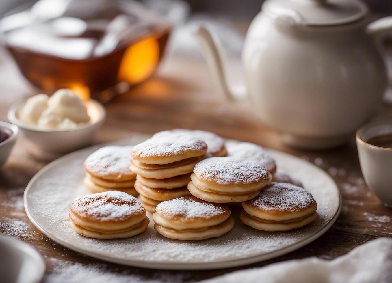 AI generated Stack of Poffertjes a traditional Dutch pancake with sugar powder photo