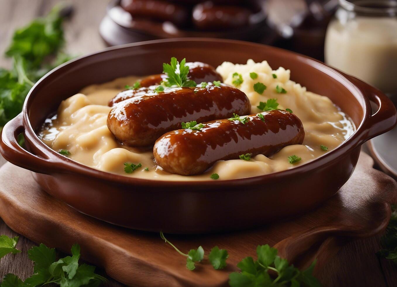 AI generated Bangers and mash with rich onion gravy in a ceramic dish, garnished with parsley photo