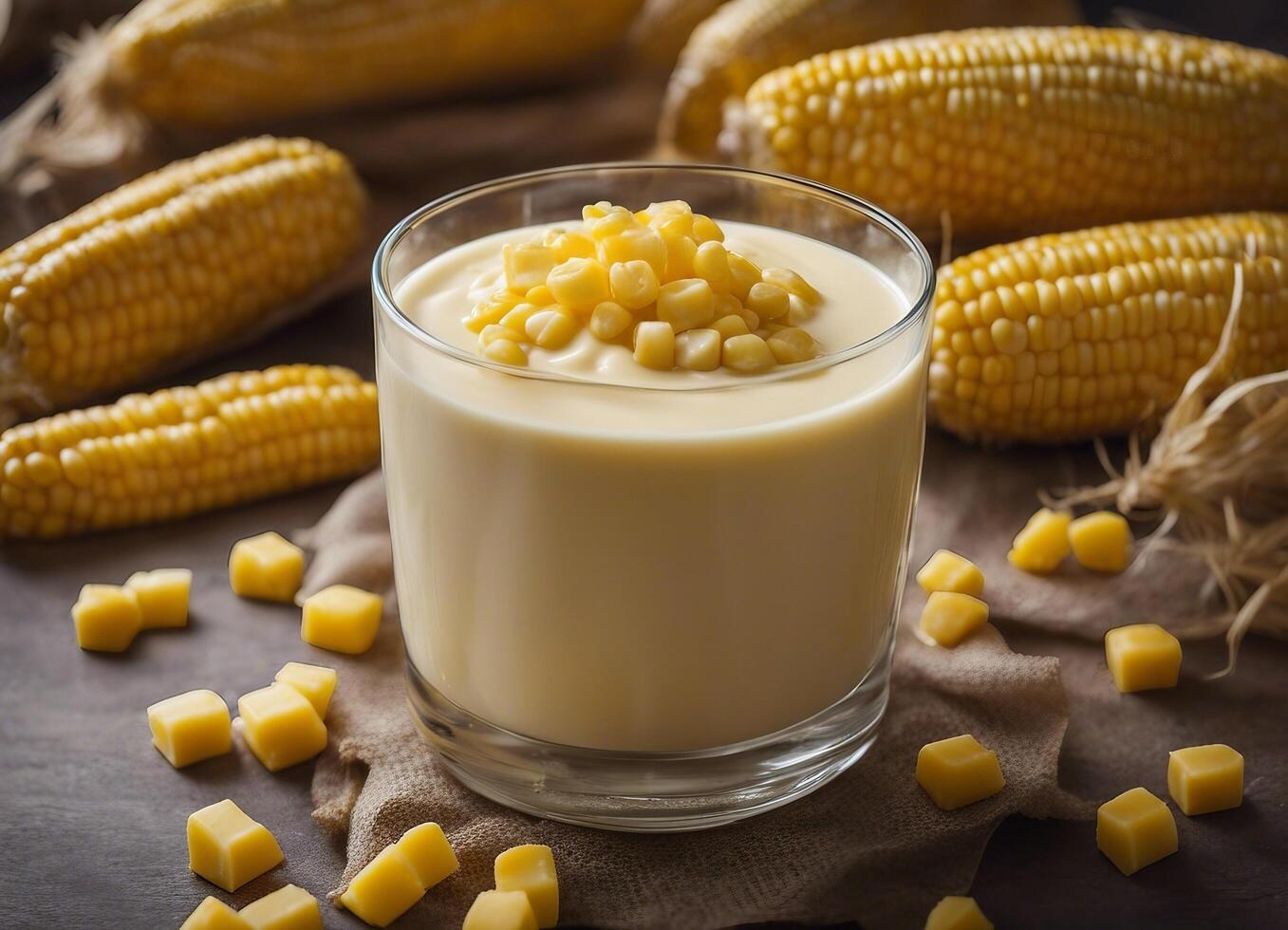 AI generated Sweet corn pudding in a glass with fresh corn cobs in the background photo