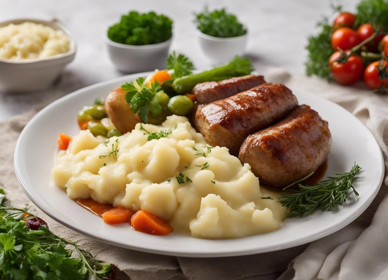 AI generated Mashed potatoes or Dutch stamppot with Sausages photo