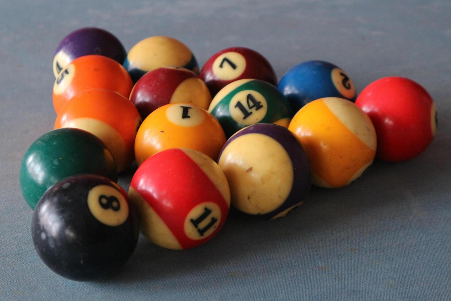 Billiards sports game. Multi-colored billiard balls with numbers on the pool table. Active recreation and entertainment. photo