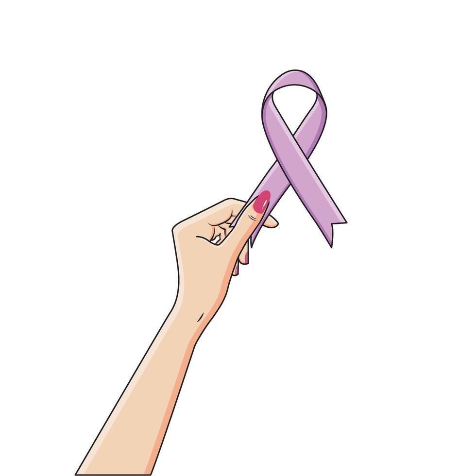 hembra mano participación lavanda satín cinta todas cáncer conciencia mundo cáncer día vector ilustración