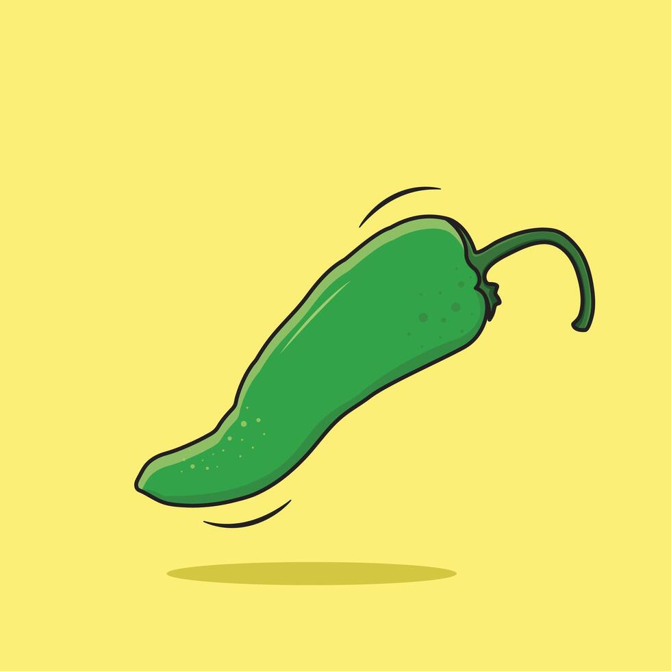 Vector Fresh Green Chilli Pepper Cartoon Style Isolated On Yellow Background, Vector Illustration