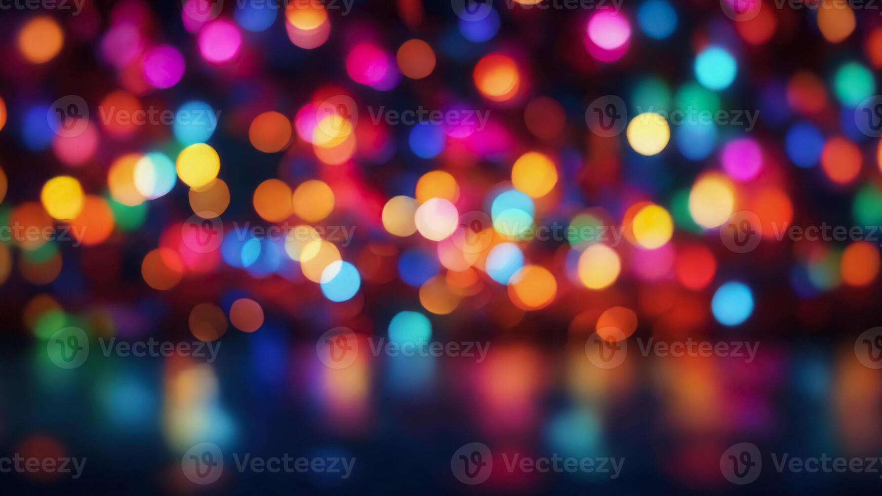 AI generated Colorful bokeh blurred background. Abstract rainbow colors lights in night. Festive horizontal banner template with copy space photo