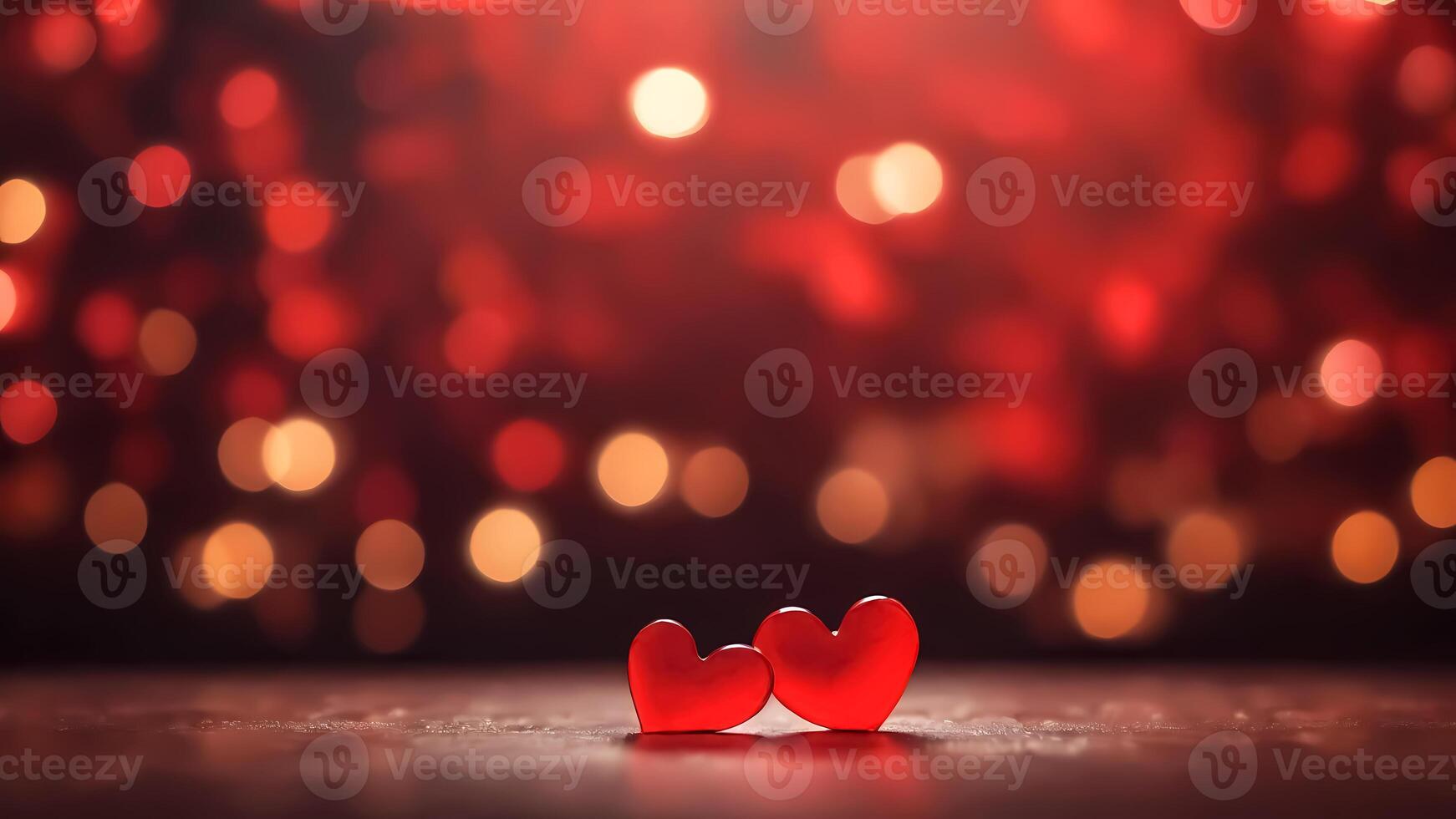 ai generado dos rojo corazones en resumen bokeh ligero borroso antecedentes. amor concepto, san valentin día tarjeta foto