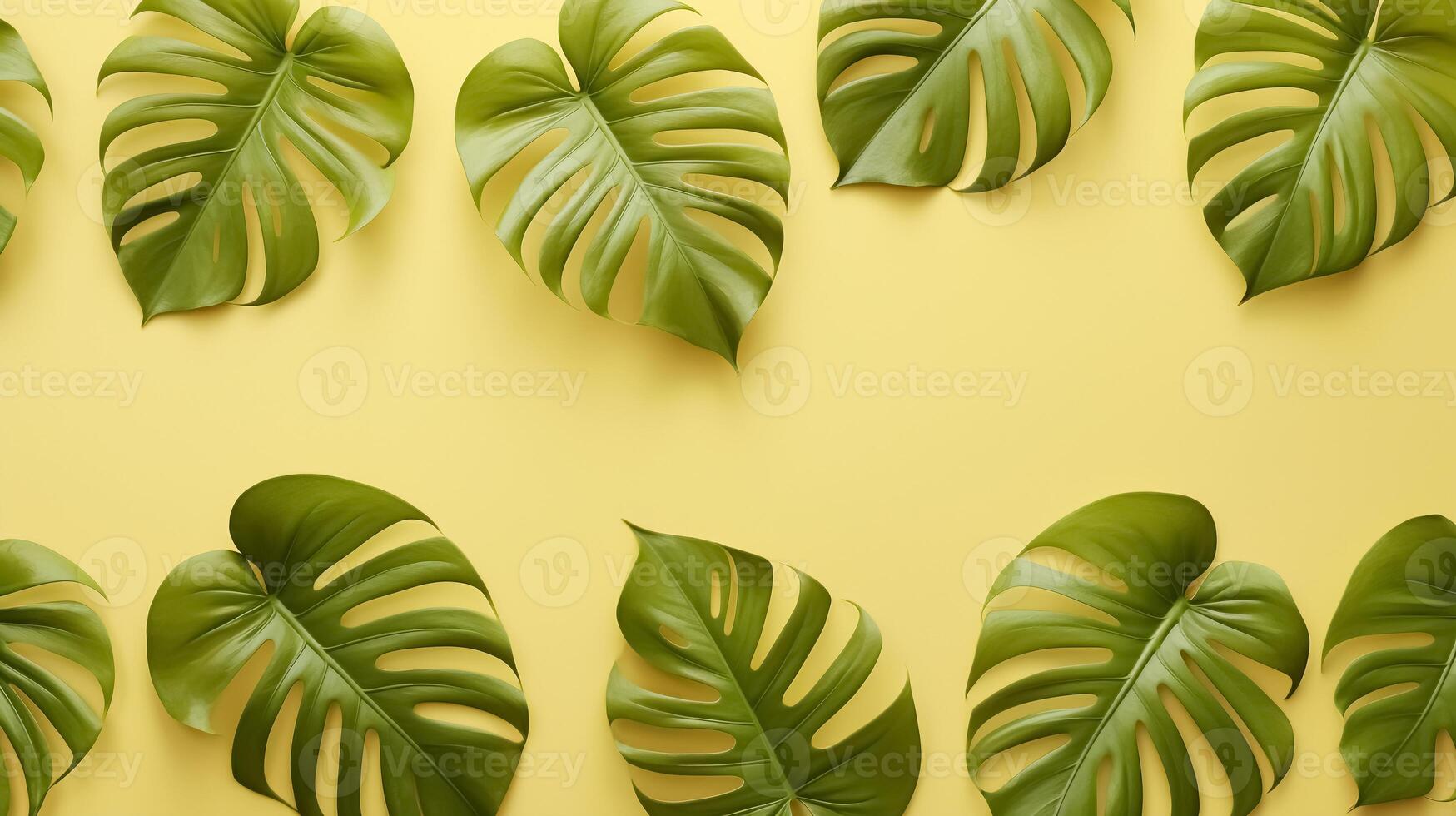 AI generated Frame of green tropical palm leaves Monstera on yellow background with copy space. Horizontal banner template. Flat lay, top view photo