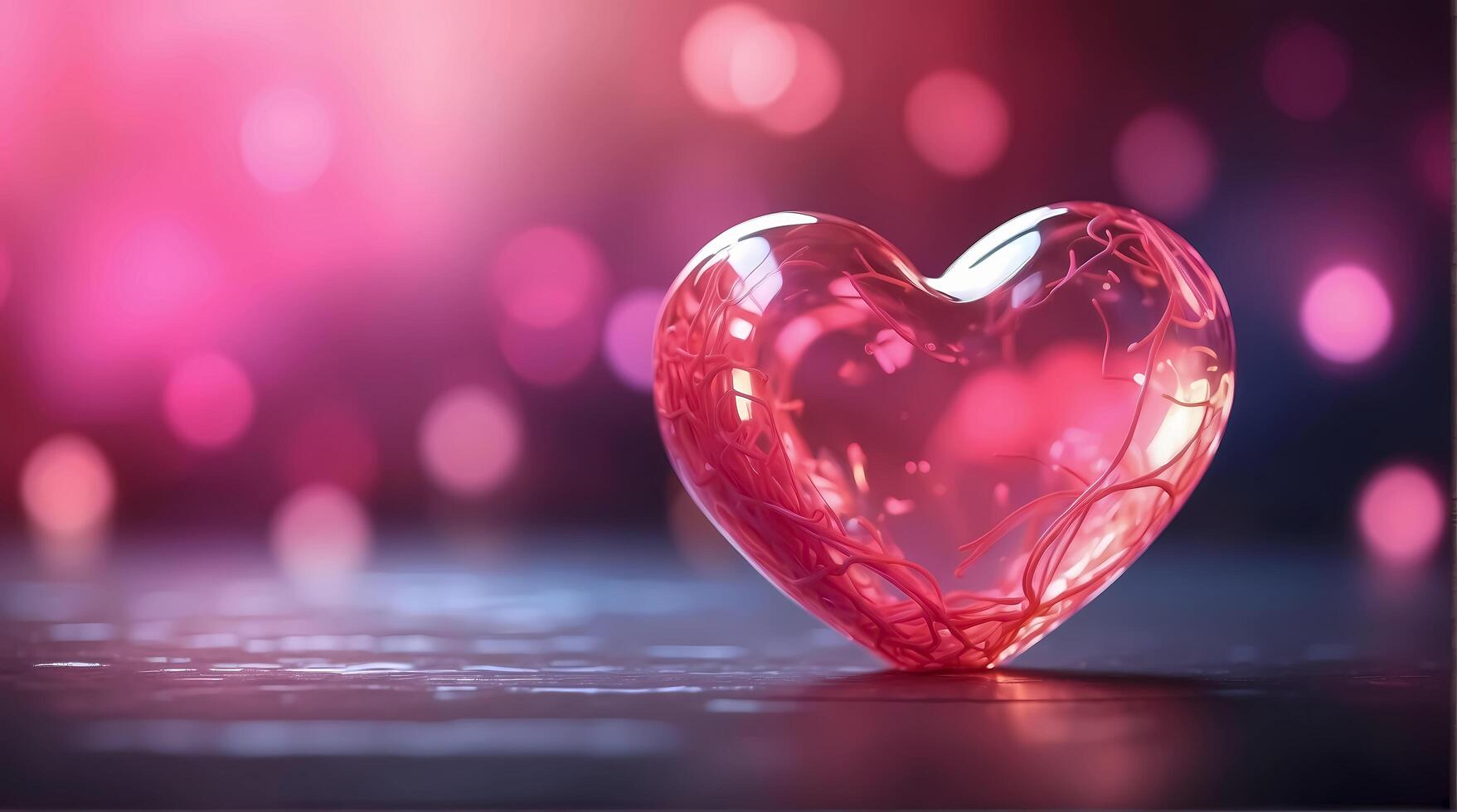 AI generated Shiny 3d glass heart on blurred background with bokeh lights and copy space. Valentine's day design. Love concept. Modern illustration for card, party, banner, web, advertising, flyer photo