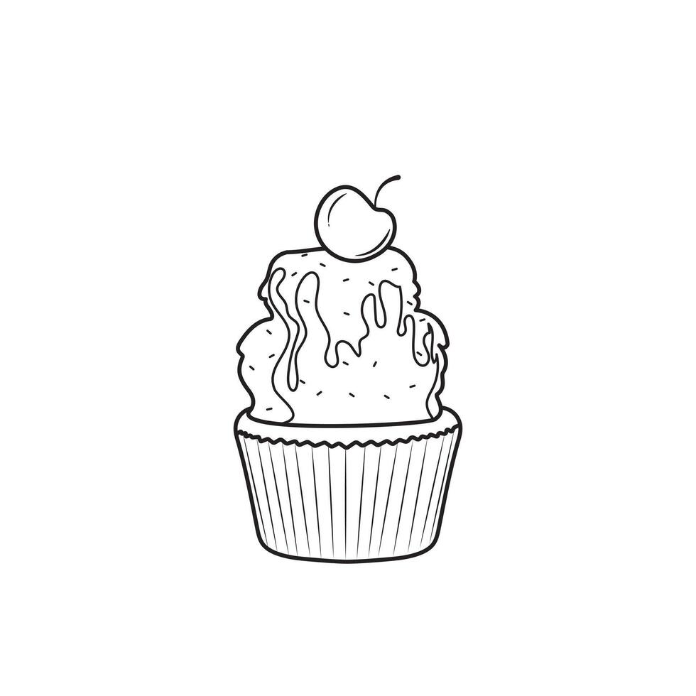Cupcake Outline Cherry On Top With Melted Dripping Chocolate And Sprinkles Vector Illustration