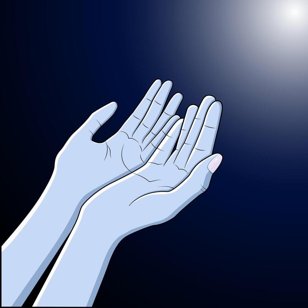 Orando manos en luz de la luna ver hembra musulmán Orando manos dibujante icono vector ilustración