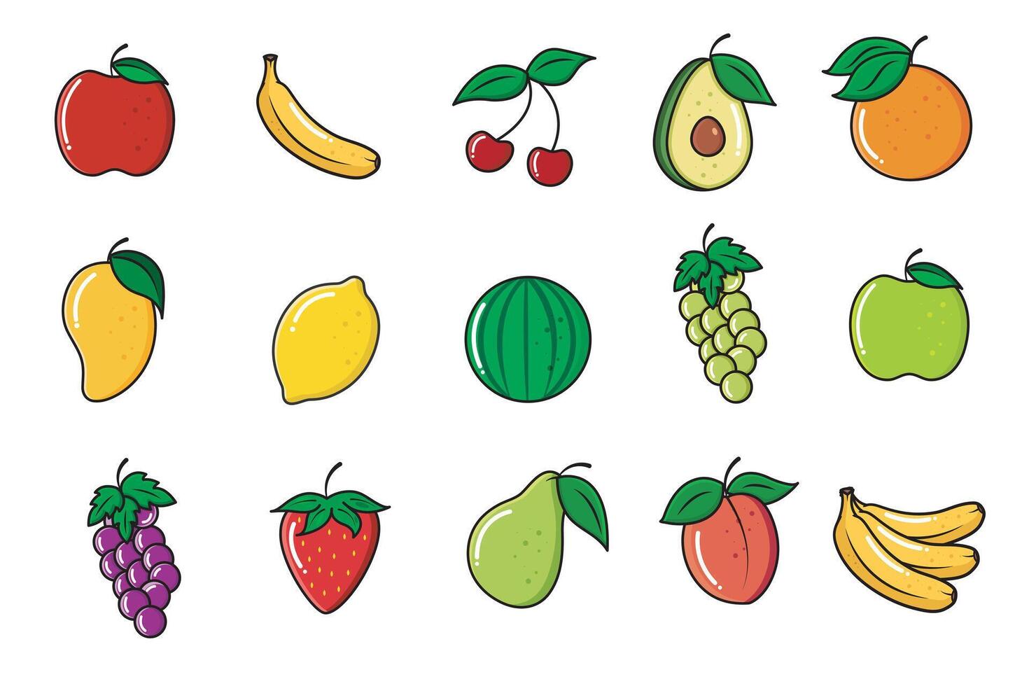 Vector Fruit Set Minimal Icon Cartoonist Style Fruits On White Background Vector Illustration