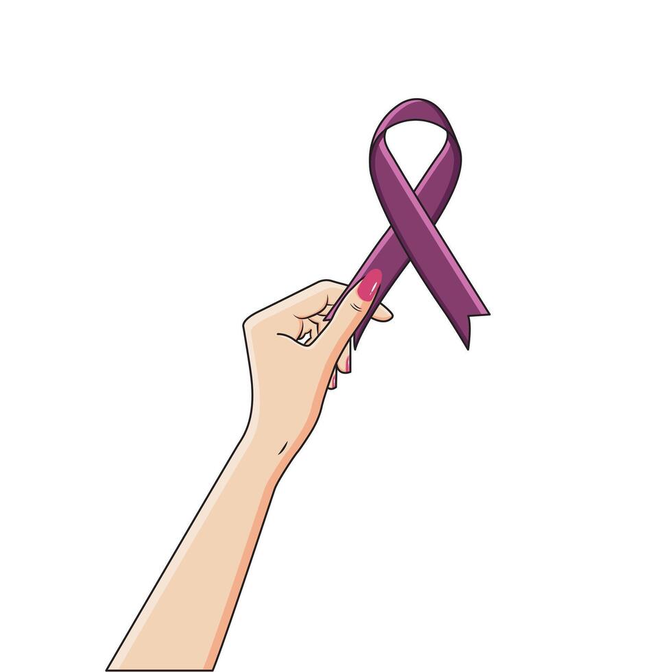 hembra mano participación púrpura satín cinta honores cuidadores para cáncer conciencia vector ilustración