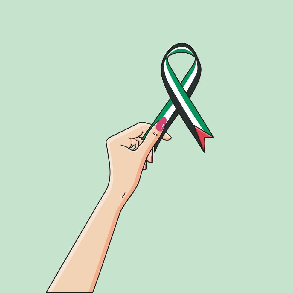 Female Hand Holding Palestine Wavy Awareness Ribbon Flag We Stand With Palestine Vector Illustration