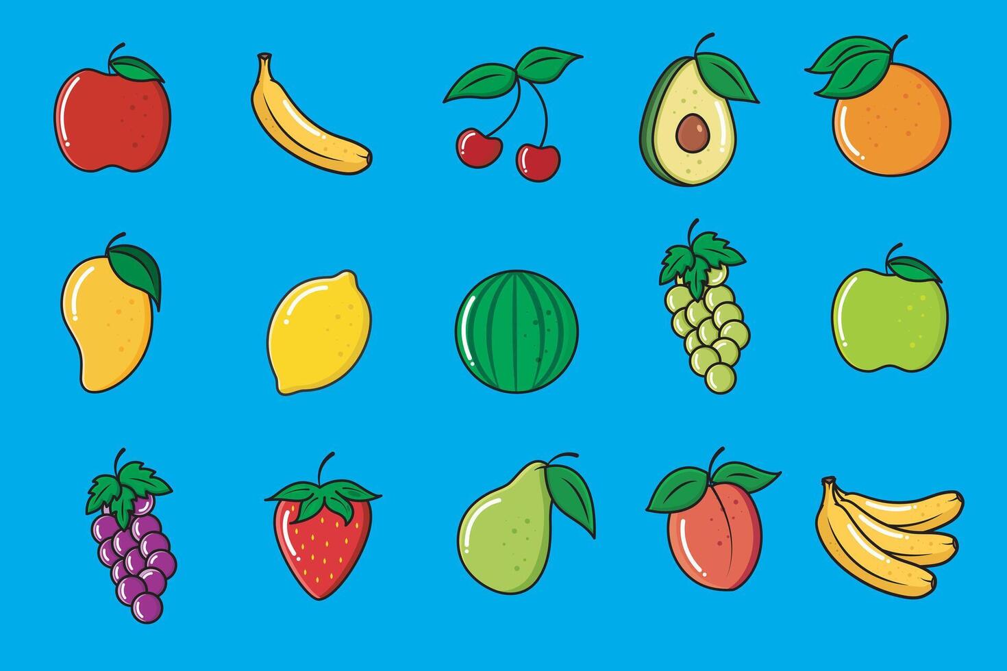 Vector Fruit Set Minimal Icon Cartoonist Style Fruits On Blue Background Vector Illustration