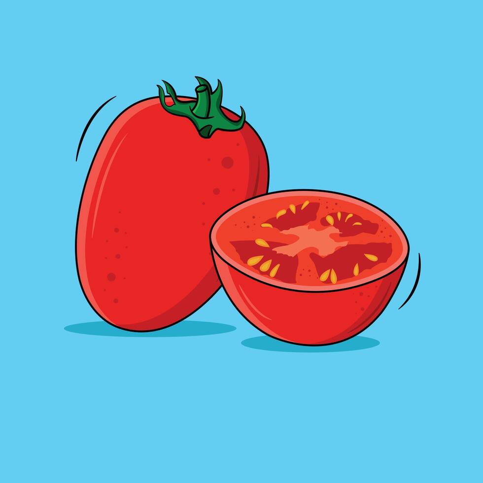 Fresh Whole Tomato And Fresh Half Juicy Tomato Isolated On Blue Background, Vector Illustration