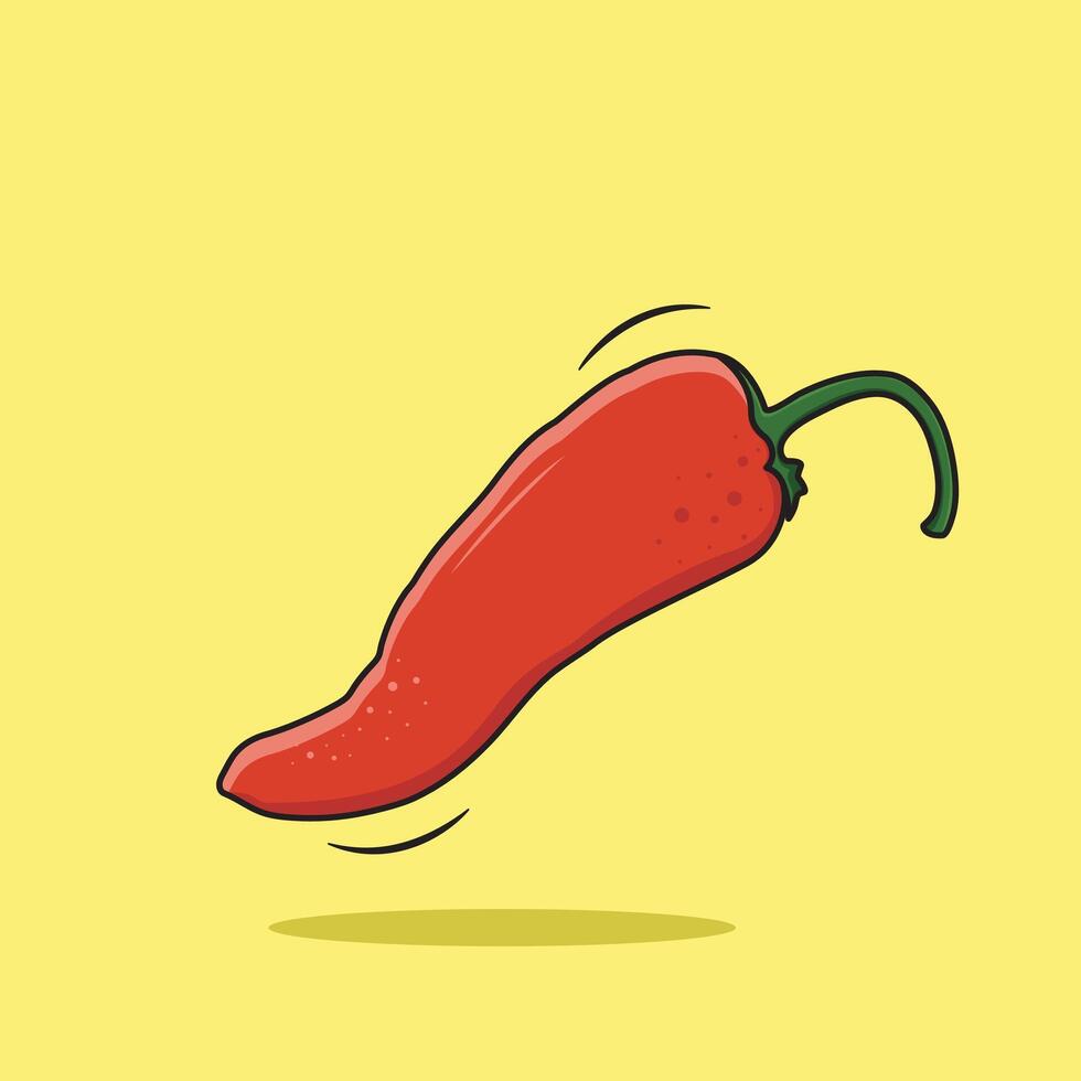 Vector Fresh Red Chilli Pepper Cartoon Style Isolated On Yellow Background, Vector Illustration