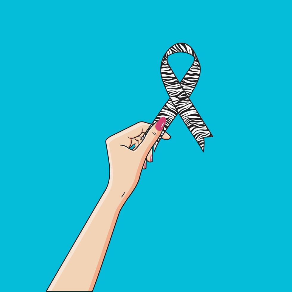 Female Hand Holding Zebra Print Ribbon Neuroendocrine Carcinoid Cancer Awareness Vector Illustration